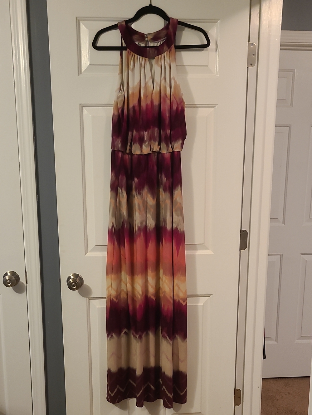 London Times Burgundy and Beige Halter Tie-Dye Maxi Dress